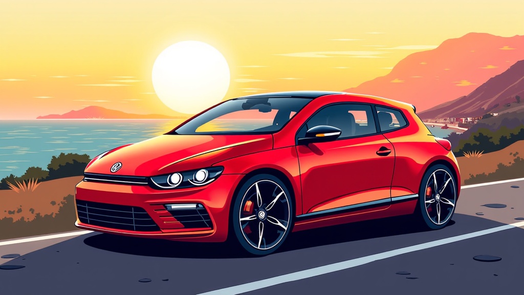 The image is a digital illustration of a red Volkswagen Golf GTI car parked on the side of a road near the ocean. The car is facing towards the right side of the image and is positioned at an angle, with the sun setting in the background. The sky is orange and yellow, and the ocean is a deep blue-green color. The mountains in the distance are silhouetted against the sky, and there are a few buildings and houses visible on the horizon. The road is winding and has white lines marking the lanes. The overall mood of the illustration is peaceful and serene.