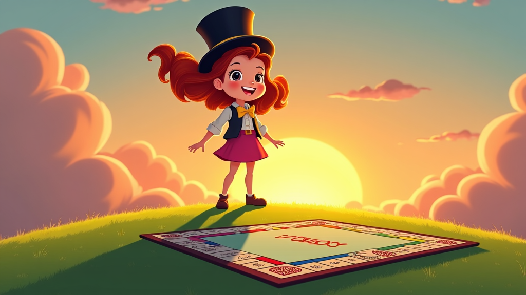 On an adventure-themed photoshoot, the girl in her modern Mr. Monopoly look stands atop a hill with a view as her backdrop. While the sun sets, her shadow, bowtie in sight, extends over the board laid on grass, signifying the timeless allure and imaginative scenarios inspired by her beloved board game.