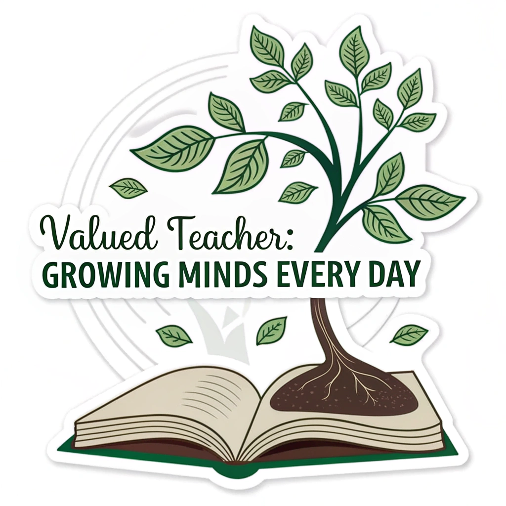 Growing Minds: A sticker featuring a stylized plant sprouting from an open book, symbolizing growth. Text: 'Valued Teacher: Growing Minds Every Day.' acompañada de colores verdes y tierra.