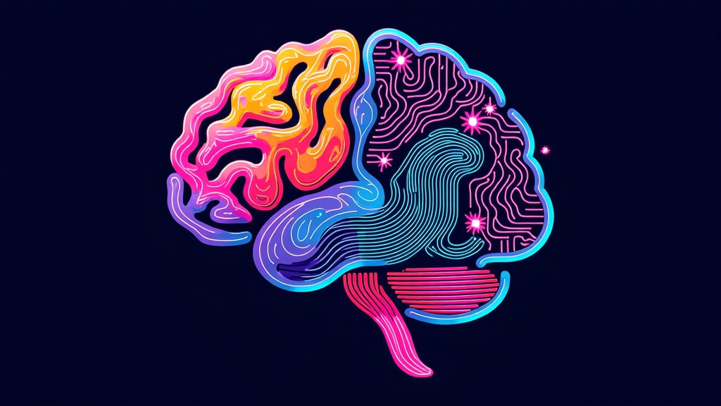 An illustration of a stylized human brain with one hemisphere depicted as organic and artistic, and the other as a glowing circuit board, both contributing to an emergent creative visual.