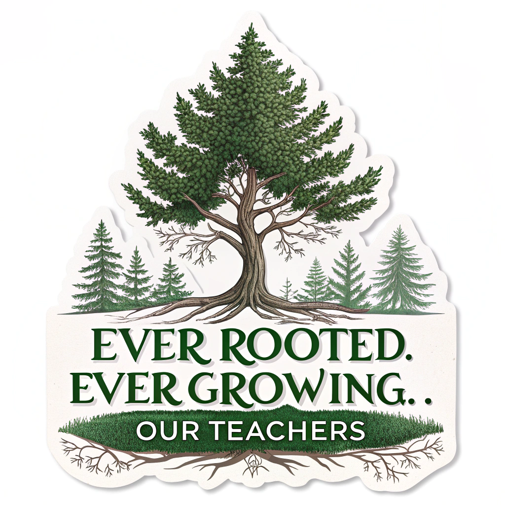 The 'Evergreen Teacher' Sticker: An illustration of a resilient evergreen tree (like a pine or fir), symbolizing year-round presence and steadfastness, with prominent roots. Text: 'Ever Rooted, Ever Growing: Our Teachers.'