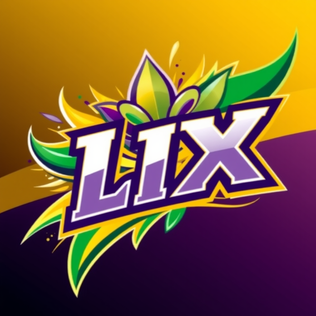 An abstract representation of energy and celebration, using vibrant Mardi Gras colors (purple, green, and gold). This could take the form of dynamic swooshes and bursts that evoke both the speed of football and the festivity of a New Orleans parade, with 'LIX' prominently featured in a strong, athletic typeface.