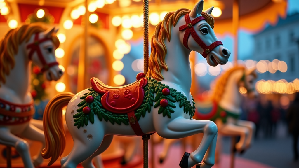 A delightful carousel horse adorned for the holidays, its mane and tail embellished with red and green ribbons, prancing merrily amidst a backdrop of holiday lights. The scene captures the whimsical joy of holiday fairs and markets, inviting viewers to indulge in the nostalgia and cheer of festive childhood memories.