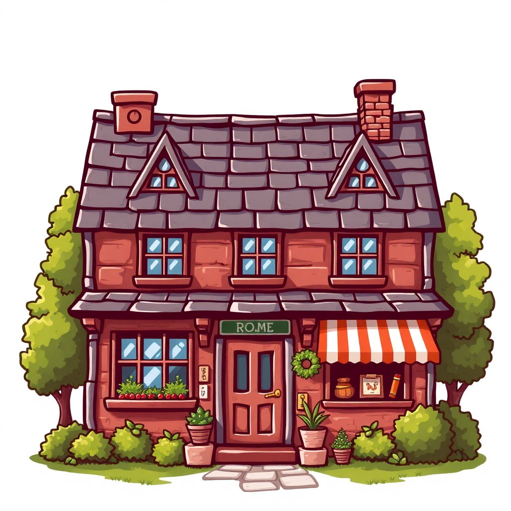 The image is a cartoon illustration of a two-story house with a sloping roof and a chimney on the left side. The house is made of brick and has a red and white striped awning on the right side. There are two windows on the front of the house with blue shutters and a small window on the second floor. The front door is brown and has the word ROME written on it in white letters. There is a small porch with potted plants and a sign that reads Restaurant. The house has a small garden with trees and bushes surrounding it. The ground is covered in green grass. The overall style of the illustration is flat and cartoon-like.