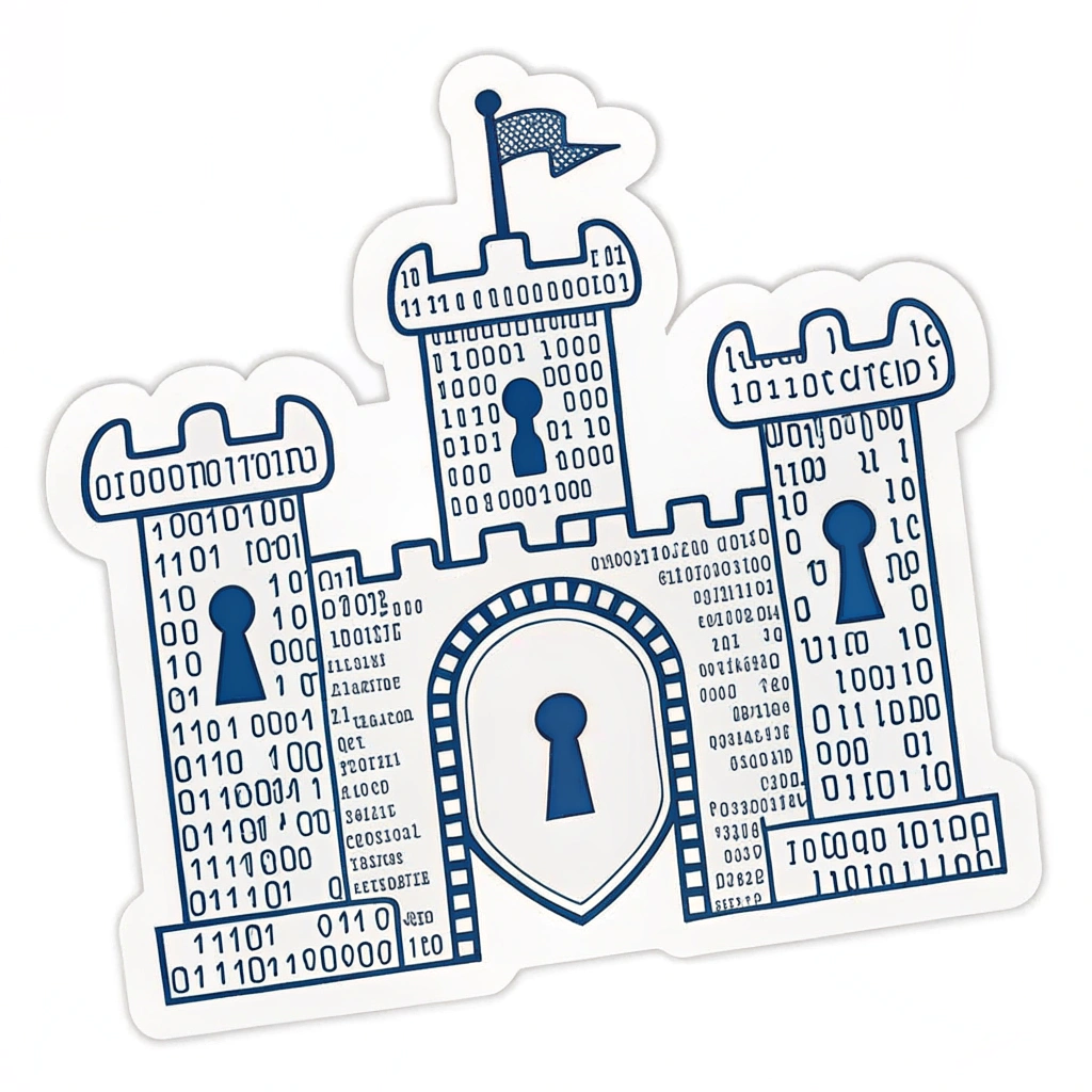 Sub Design Idea 3: Code Fortress Emblem - A visual of a fortress or castle outline formed from interconnected lines of binary code (0s and 1s) or stylized programming script, with a prominent secure keyhole or vault symbol at its center.
