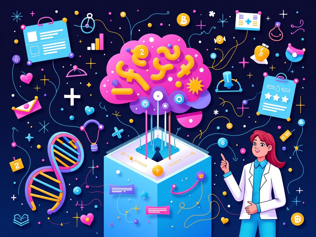 Illustration depicting data streams (genetic, lifestyle, real-time vitals) flowing towards a central AI brain, which then generates personalized preventative health strategies presented to a patient by a virtual assistant.
