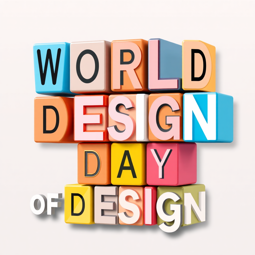 Building Blocks of Design: Letters from 'World Design Day' are treated as three-dimensional blocks or modular typographic units, stacked or arranged in a playful, celebratory structure, emphasizing design as a constructive and joyful process.