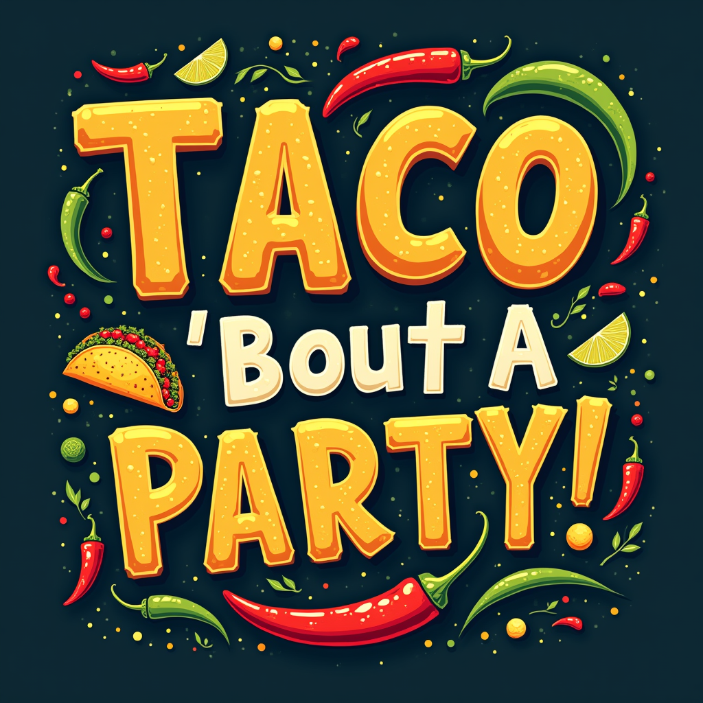 Bold, playful typography design featuring the phrase 'Taco 'Bout a Party!' where taco shells, chili peppers, and lime wedges are cleverly integrated into or around the letters. Accented with festive flourishes.