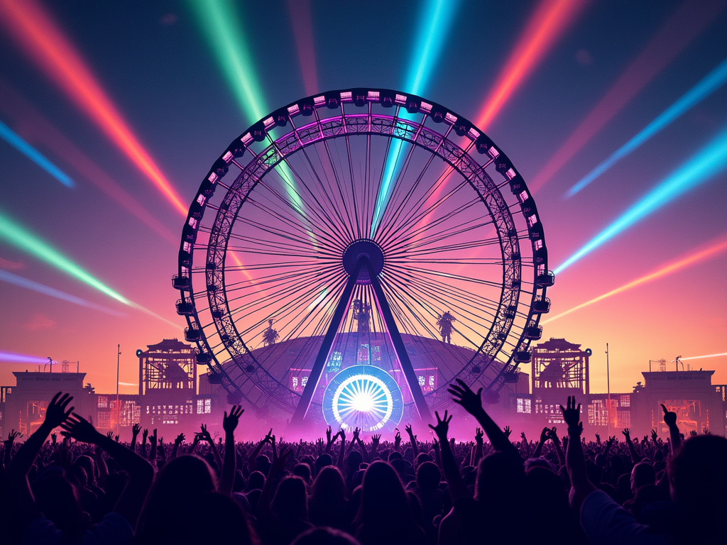 Festival Horizon Silhouette: Design features iconic Electric Daisy Carnival elements like the Ferris wheel, elaborate stage structures, and a massive crowd with hands raised, all silhouetted against a vibrant, 'electric' sky. The sky is brought to life with abstract laser beams, dynamic light trails, and subtle starbursts or cosmic elements.
