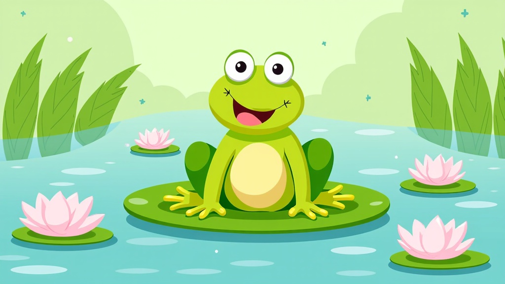 The image is a cartoon illustration of a green frog sitting on a lily pad in a pond. The frog has big, round eyes and a big smile on its face. It is sitting on its hind legs with its front paws resting on the pad. The pond is surrounded by pink water lilies and there are green plants and trees in the background. The sky is blue with white clouds. The overall mood of the image is cheerful and happy.