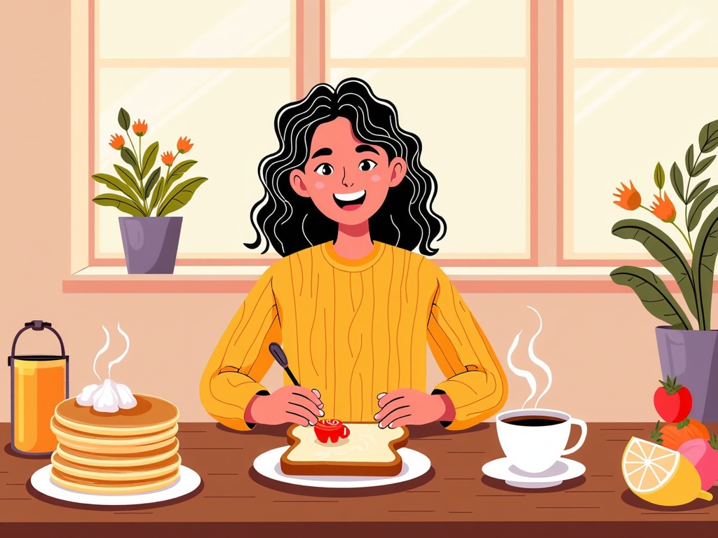  a young woman sitting at a kitchen table with a stack of pancakes in front of her. She is wearing a yellow sweater and has curly black hair. On the table, there is a plate with a slice of toast, a cup of coffee, a lemon, and a bunch of strawberries. There are also two potted plants with orange flowers on either side of the table. The woman is smiling and appears to be enjoying her breakfast. The background shows a window with white curtains.