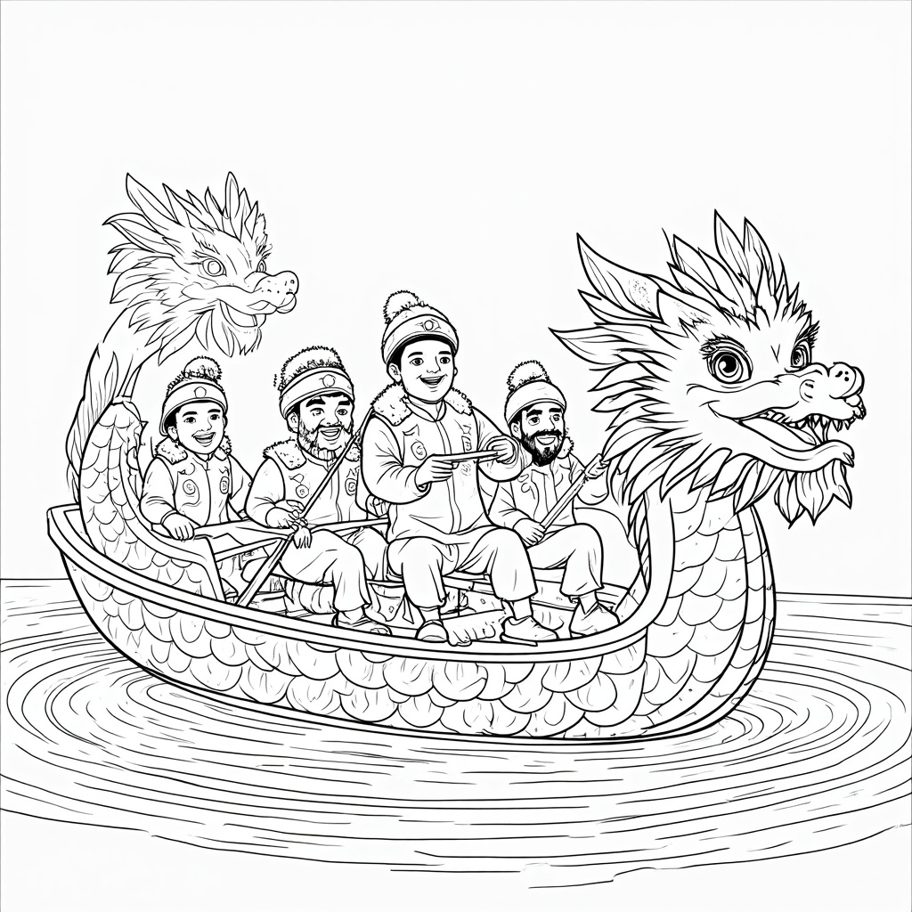 Team Spirit & Boat Details: A coloring page focused on a team preparing their dragon boat, showcasing team members attaching decorative elements or engaging in a pre-race ritual. This allows for intricate details on the boat's scales, eyes, and festival costumes.