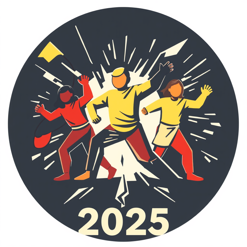 A dynamic figure or group of figures portrayed breaking through a symbolic barrier (such as a fractured line or abstract obstacle), emphasizing the forceful movement and determination to overcome challenges for rights in 2025.