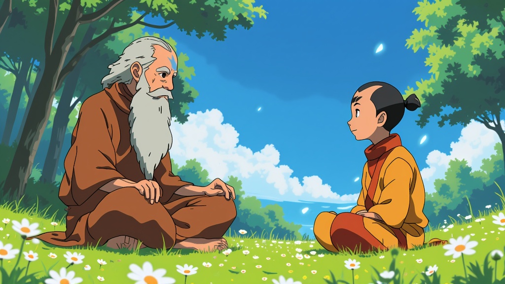 Guru Pathik guiding Aang in chakra meditation amidst a vibrant, serene environment, illustrating wisdom passed between teacher and student.