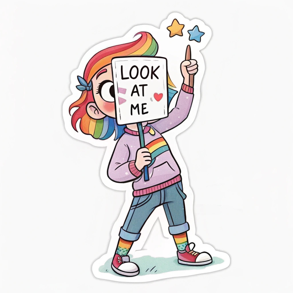 The image shows a cartoon sticker of a girl holding a sign that reads 