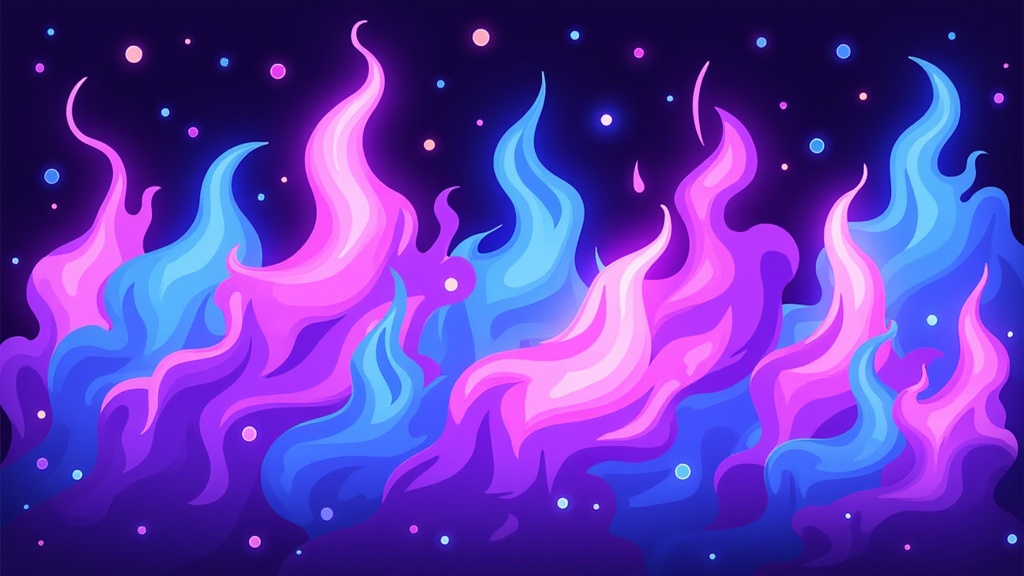 The image is an illustration of a group of pink and blue flames on a dark purple background. The flames are arranged in a way that they are overlapping each other, creating a sense of movement and energy. The colors are vibrant and the flames appear to be glowing, giving the image a dynamic and energetic feel. The background is filled with small white dots scattered throughout, adding to the overall effect of the image. The overall color scheme is bright and vivid, with shades of pink, blue, and purple.