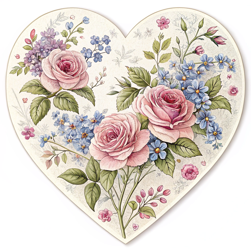 A heart-shaped sticker with a vintage floral pattern, perhaps with small roses or forget-me-nots.