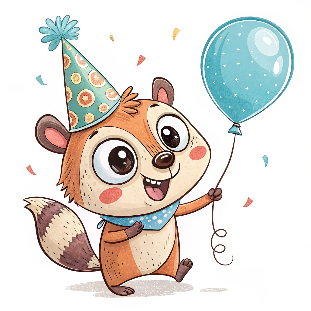 A sticker with a cartoon animal wearing a party hat and holding a balloon.