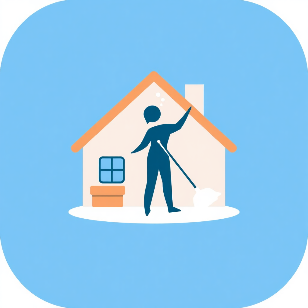 The image is an illustration of a person cleaning a house. The house is a two-story structure with a sloping roof and a chimney on the right side. The person is standing in front of the house and is holding a broomstick in their right hand. They are wearing a blue outfit and appear to be in the process of cleaning the roof. There is a window on the left side of the image and a door on the bottom right corner. The background is a light blue color.