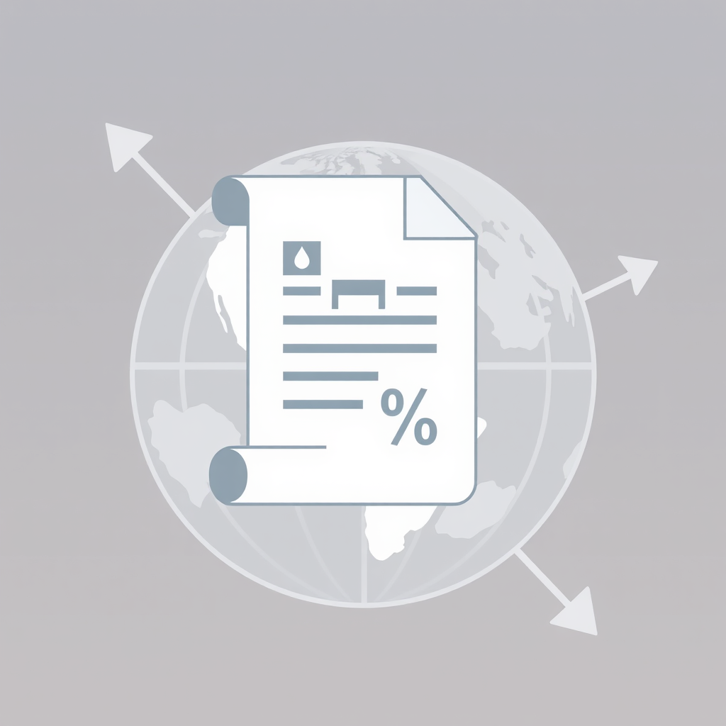 Policy document overlay: A stylized document or scroll (representing tariff policy) is overlaid on a faint globe. The document features a small barrier icon (like a hurdle or a red line) and a percentage symbol. Faint arrows in the background suggest global trade flows impacted by the policy.