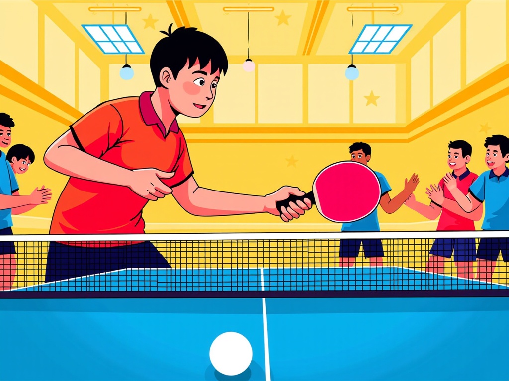  a young man playing table tennis in a large indoor court. He is wearing a red polo shirt and is holding a red ping pong paddle in his right hand and is in the process of hitting the ball over the net. There are six other young men in the background, all of them clapping and cheering. The court is blue and there is a white ball on the ground. The walls of the court are yellow and there are blue lights hanging from the ceiling. The overall atmosphere of the image is cheerful and playful.