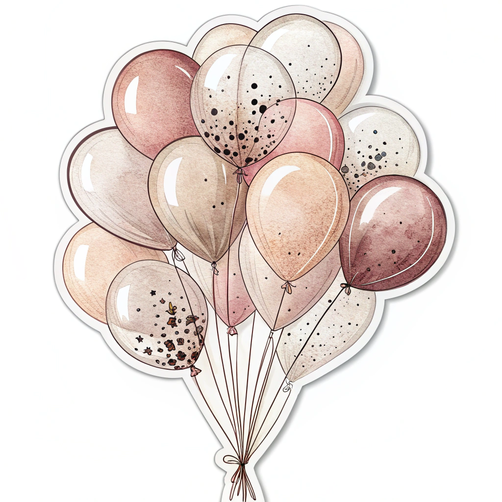 A rectangular sticker showcasing a realistic balloon bouquet with varying shades and finishes, casting a soft shadow for depth.