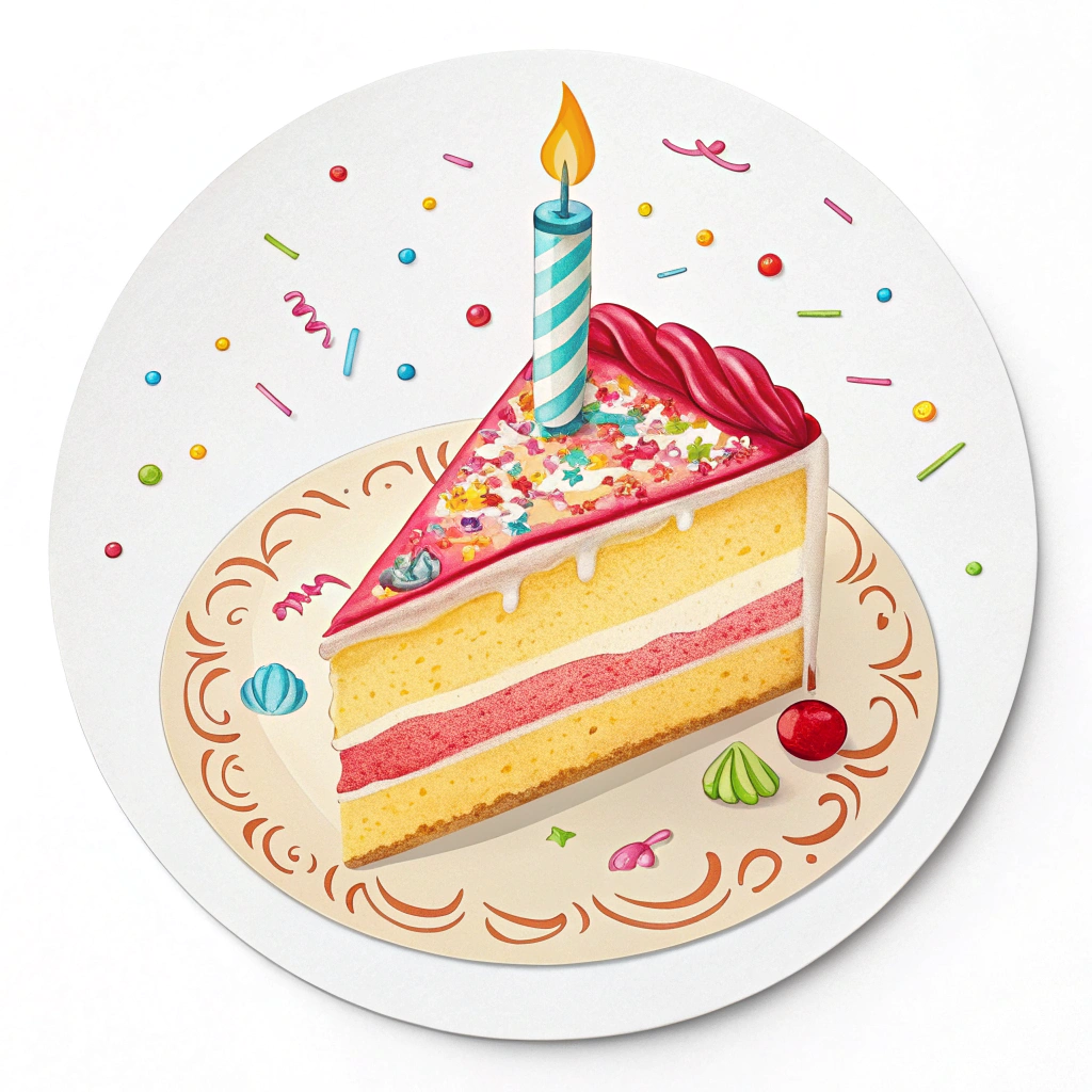 Design a sticker that is circle-shaped and has a piece of cake with a candle that is lit.