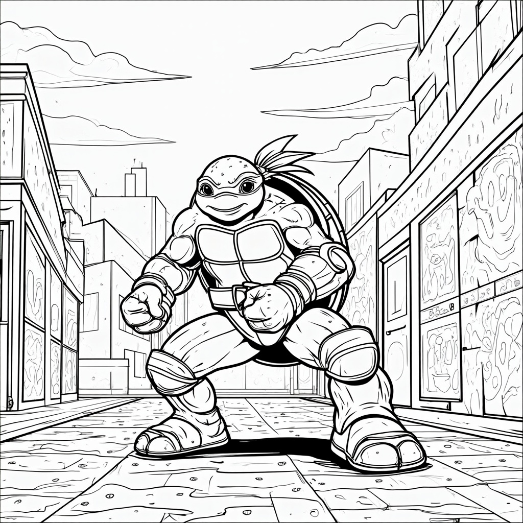 The image shows a sketch of a teenage mutant ninja turtle, Leonardo, surrounded by buildings and a sky with clouds. At the bottom of the image there is text that reads 