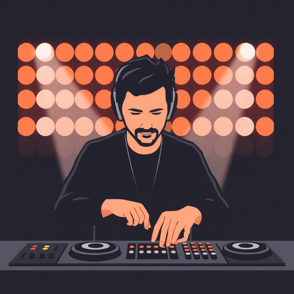 The image is an illustration of a DJ playing music on a turntable. The DJ is wearing a black t-shirt and has a beard and mustache. He is wearing headphones and appears to be focused on the music he is playing. The background is dark with orange and yellow lights, creating a vibrant and energetic atmosphere. In front of the DJ, there is a control panel with various buttons and knobs for adjusting the settings. The overall color scheme of the image is black, orange, and yellow.