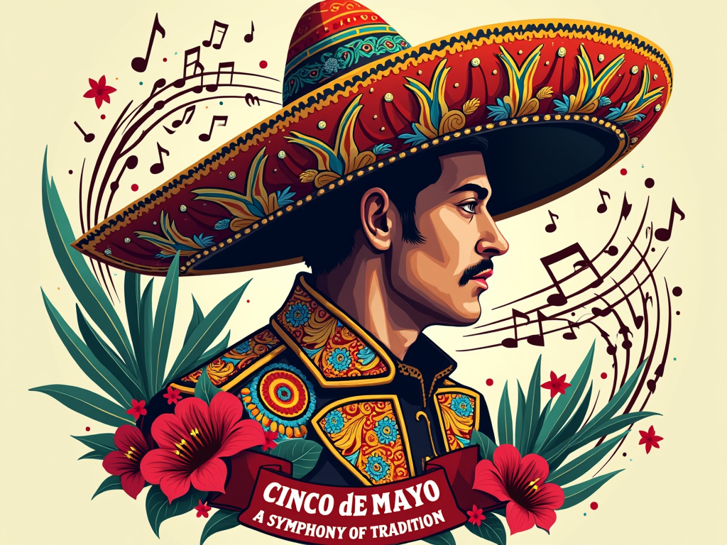 Charro & Music Notes: A stylized illustration of a charro suit detail (e.g., sombrero, botonadura) interwoven with flowing musical staves and notes. Text: 'Cinco de Mayo: A Symphony of Tradition'.