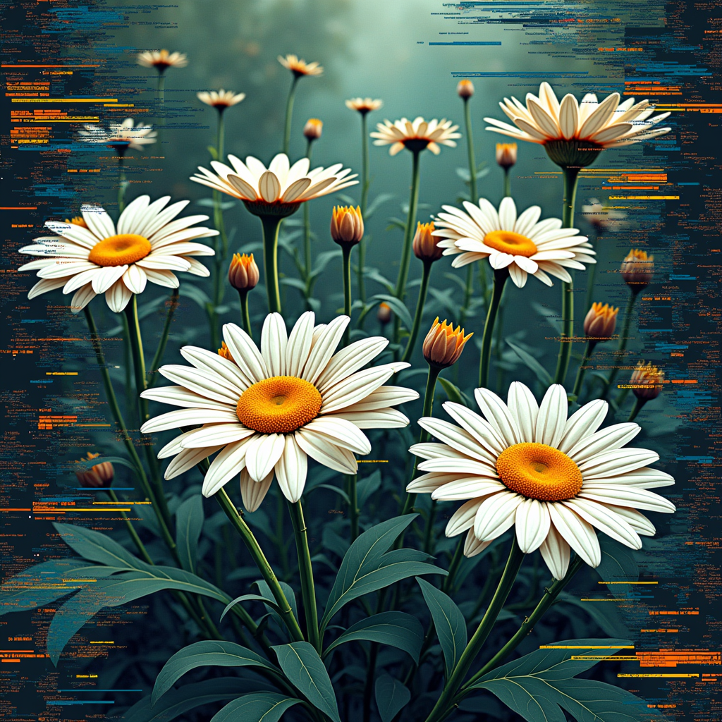 Glitch Garden Anomaly: A T-shirt design depicting a lush garden scene with prominent daisies, but the image is intentionally distorted with glitch art effects, pixelation, and scan lines, creating interruptions that reveal underlying circuit board textures and futuristic elements where the 'glitches' occur.