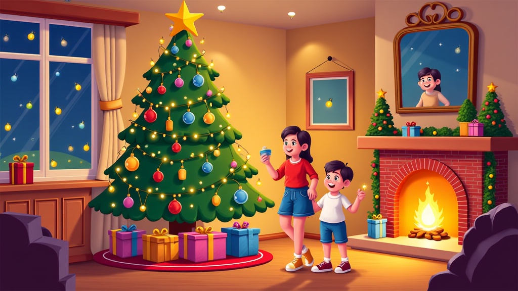 The image shows a boy and girl standing in front of a Christmas tree decorated with colorful ornaments, lights, and a star on top. The tree is surrounded by gift boxes, a fireplace, a mirror, a photo frame on the wall, a window with a curtain, and some ceiling lights to a roof.