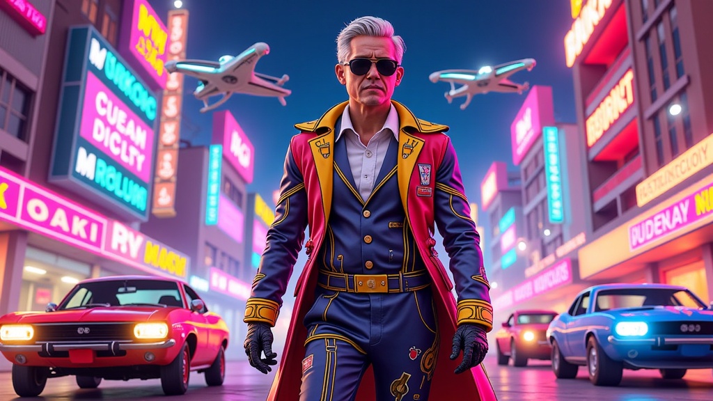 Illustrations depicting historical movie character costumes re-imagined by AI with futuristic or science-fiction technologies and aesthetics integrated into the design.