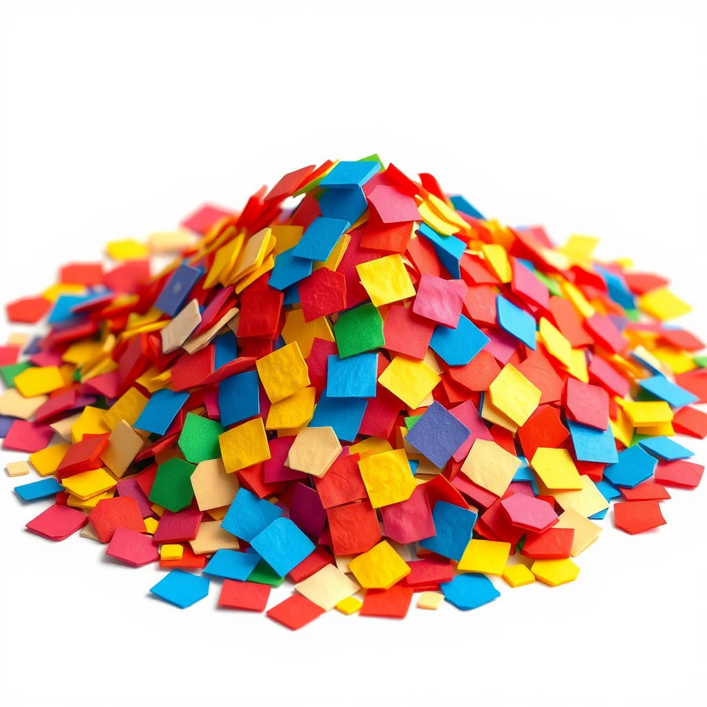 A pile of colorful confetti pieces arranged to look like a small mound, with some pieces slightly overlapping to give a sense of depth and volume. The colors could be a vibrant mix of reds, blues, yellows, and greens.