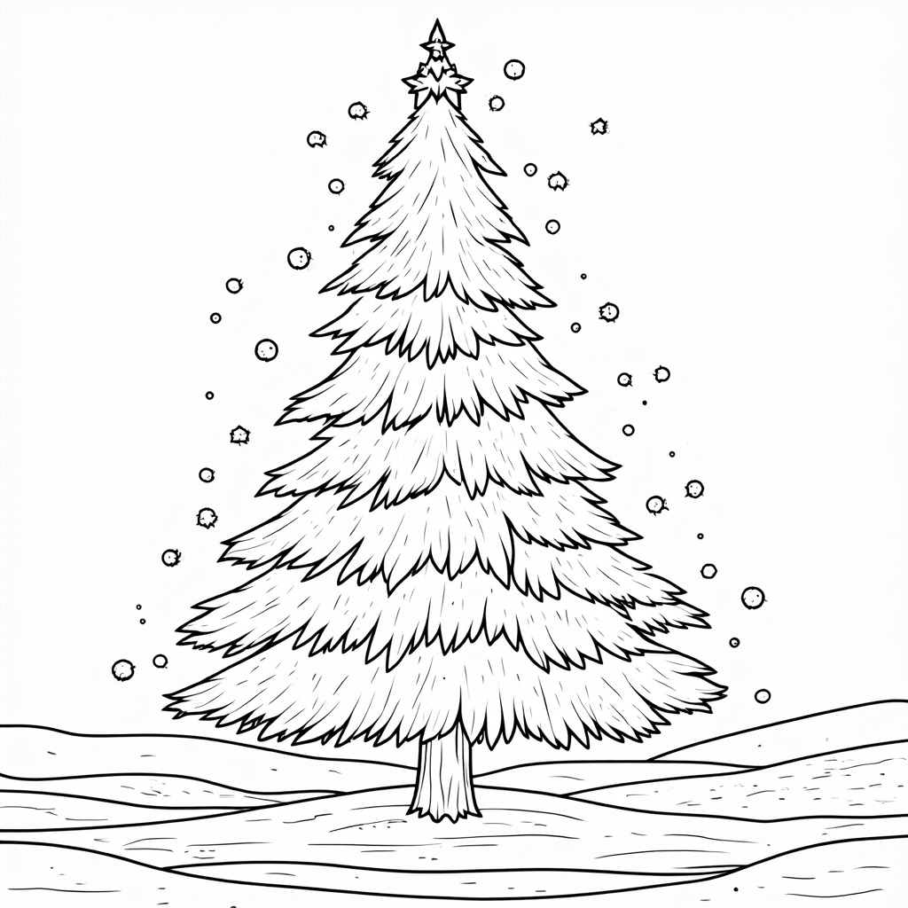 The image is a black and white line drawing of a Christmas tree. The tree is tall and slender with a pointed top and a star on top. It is standing on a flat surface with a snowy landscape in the background. The branches of the tree are covered in snowflakes and there are small snowballs scattered around it. The overall mood of the image is peaceful and serene.