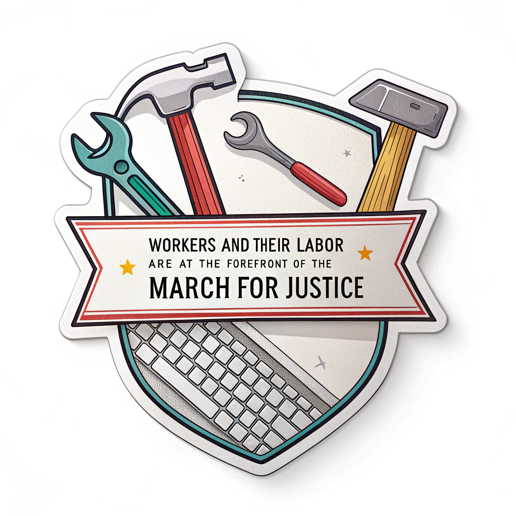 Design 5: Tools of Labor Banner - Common tools of labor (hammer, wrench, pencil, keyboard) arranged to form a dynamic banner or shield shape. The slogan is integrated within this design, emphasizing that the workers and their labor are at the forefront of the march for justice.
