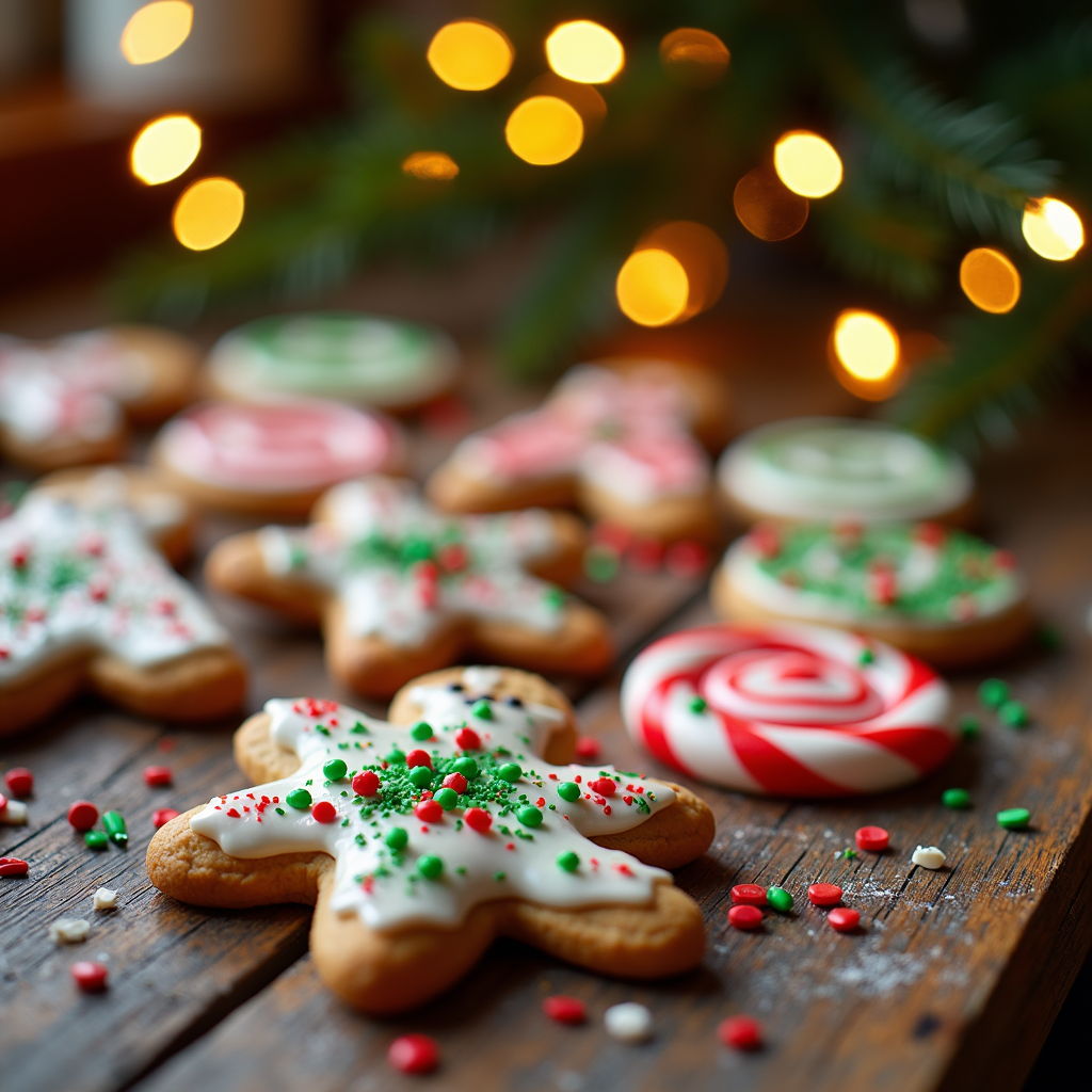  a wooden table with a variety of Christmas-themed cookies scattered on it. There are several star-shaped cookies in different colors and patterns, including white icing, green and red sprinkles, and a red and white striped candy cane. The cookies are arranged in a scattered manner, with some overlapping each other. In the background, there is a small Christmas tree with lights, creating a warm and cozy atmosphere. The overall mood of the image is festive and cheerful.