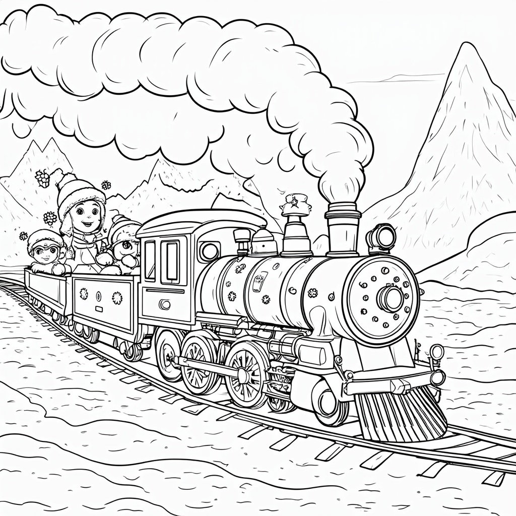 The image shows a sketch of a train on a railway track with a few people inside, surrounded by mountains in the background. The train is brightly colored, with a variety of hues, and the people inside are smiling and enjoying the ride.