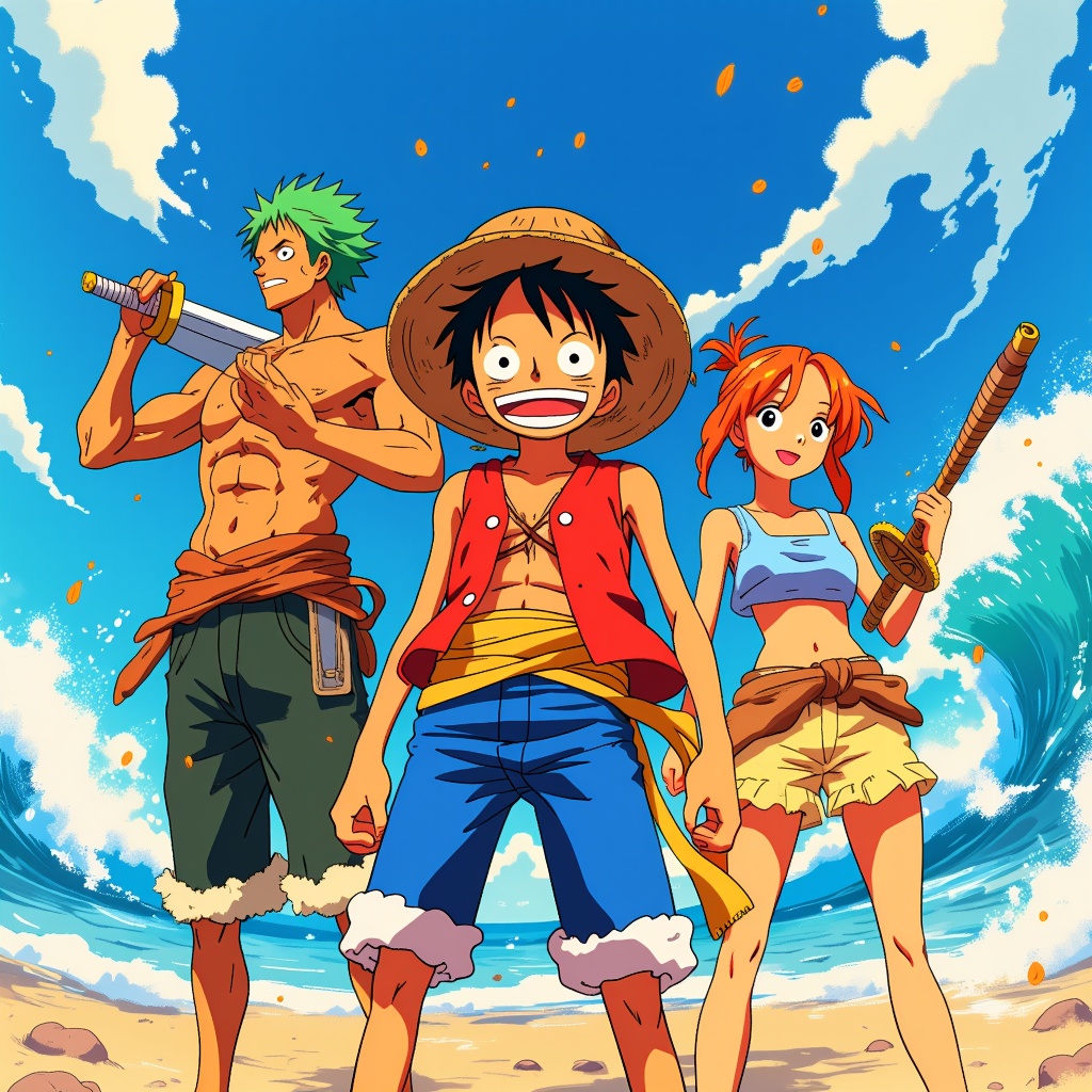 Monkey D. Luffy at the center, surrounded by vivid depictions of each crew member: Zoro with his swords, Nami with her weather baton, and more in One Piece style.