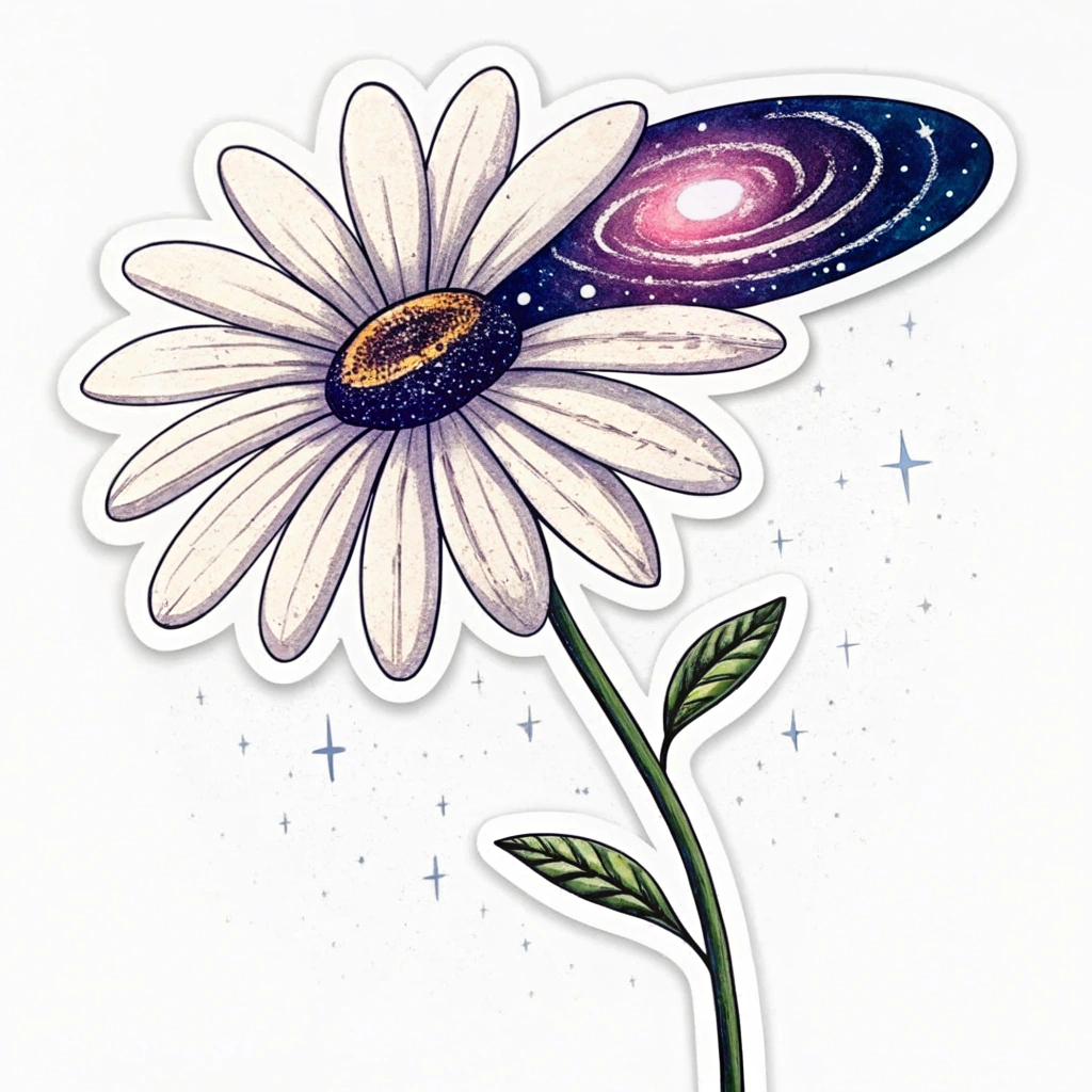 Simple Cosmic Petal Daisy Icon: A simplified daisy silhouette where the central disc is a swirling miniature galaxy, or one signature petal distinctively features a celestial/cosmic texture (e.g., star-dusted dark blue) while other petals are solid neon.