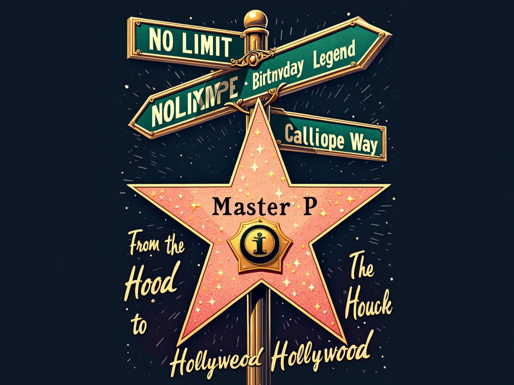 Sub-design Idea 5 (Street Sign x Walk of Fame): A design where a classic New Orleans-style street sign (e.g., 'No Limit Blvd' or 'Calliope Way') intersects or is placed alongside a Hollywood Walk of Fame star personalized for 'Master P - Birthday Legend'. The phrase 'From the Hood to Hollywood' could be subtly integrated in the background or as part of the star's design.