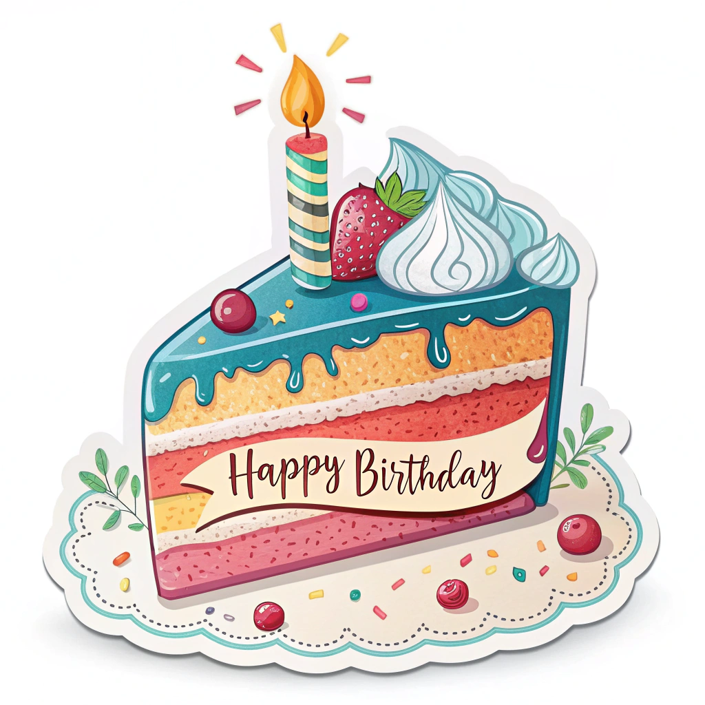 A sticker featuring a slice of birthday cake with a lit candle on top, with 'Happy Birthday' written in a celebratory font.