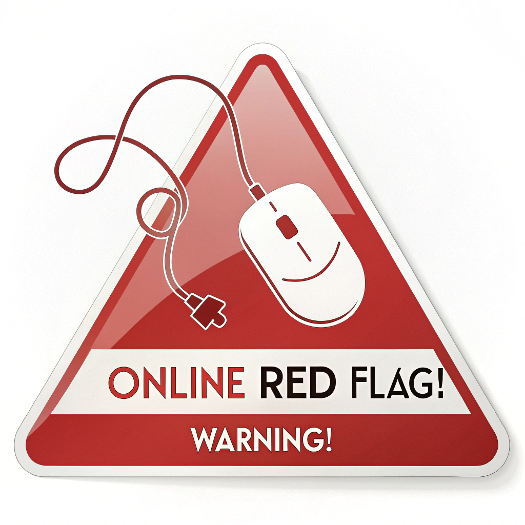 Online Red Flag Warning Sticker: A sticker designed as a vibrant red flag (triangular or rectangular) with a computer mouse cursor or Wi-Fi symbol and a clear exclamation mark on it. This design acts as a direct visual warning for potential dangers or suspicious activity encountered online. Text: 'Online Red Flag!' or 'Warning!'