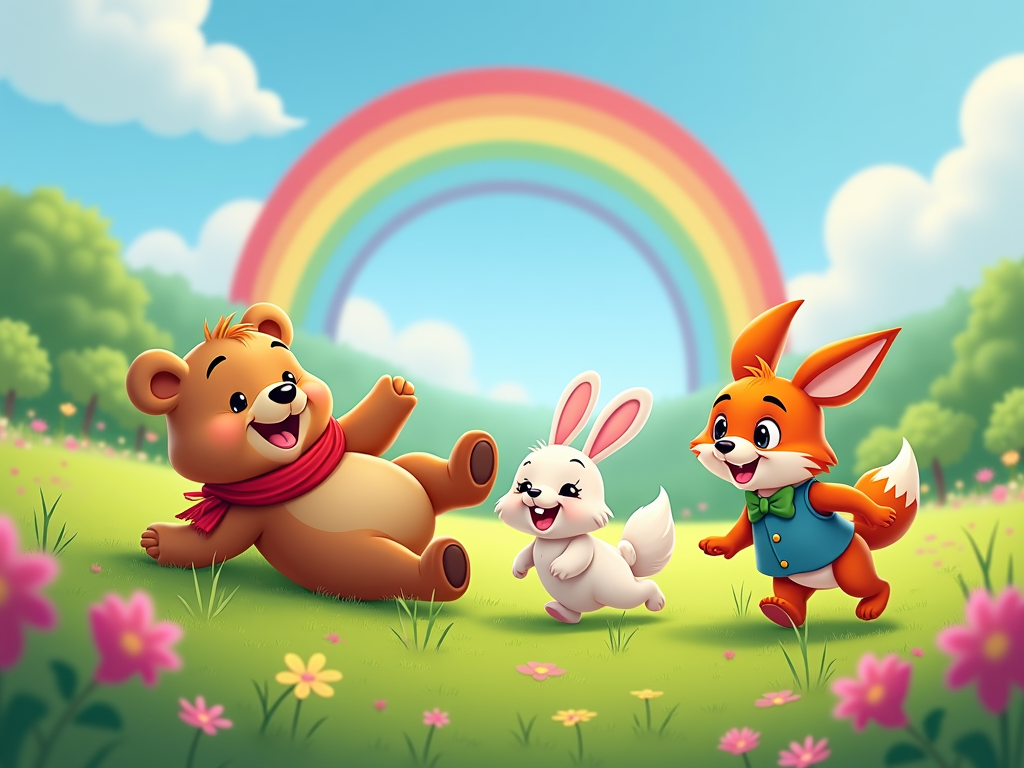 A group of adorable animal characters (like a bear, rabbit, and fox) playing in a valley under a rainbow, all rendered in a soft, rounded cartoon style.