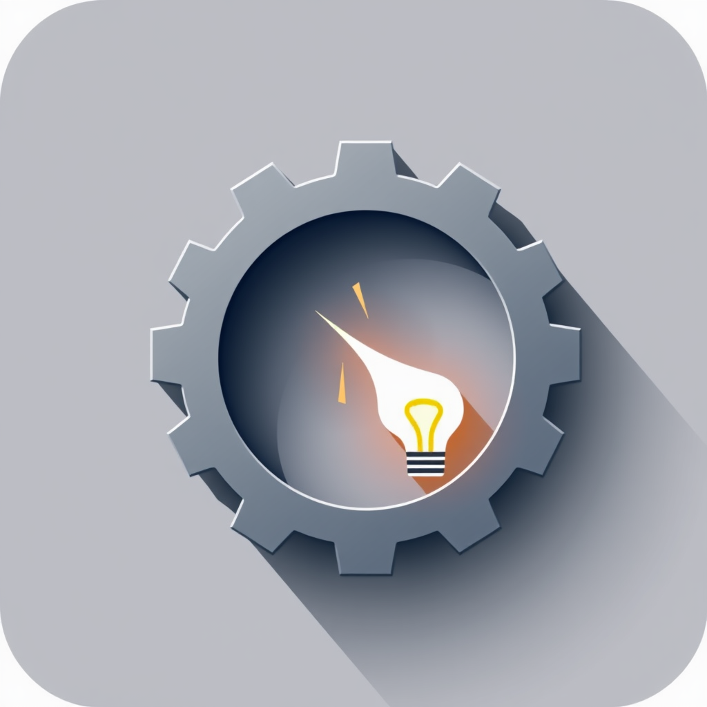 Simple Icon Idea: A single, minimalist abstract gear with a glowing spark or a simplified lightbulb shape at its geometric center, representing the direct generation of an idea from a mechanism.