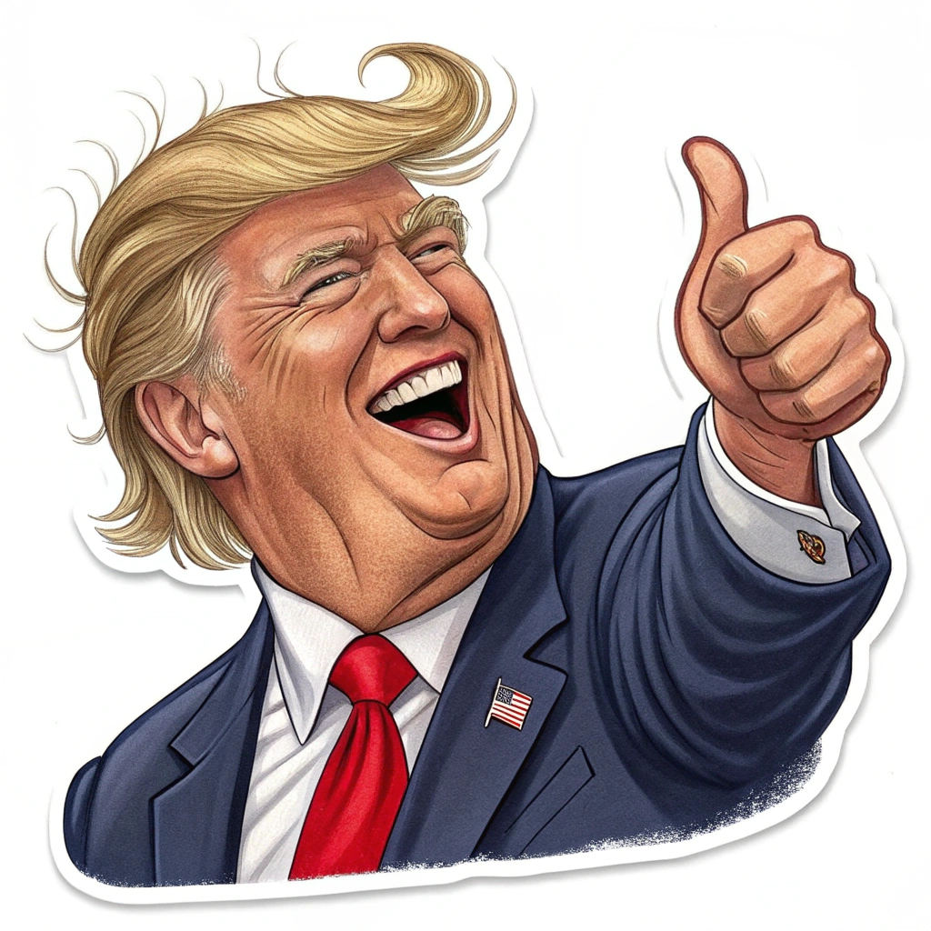 A caricature of Donald Trump with exaggerated features, such as a large smile and signature hairstyle, giving a thumbs-up.