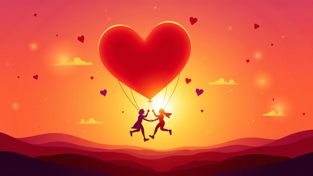 A heart-shaped hot air balloon carrying two silhouetted figures against a romantic sunset backdrop, with smaller hearts floating around.