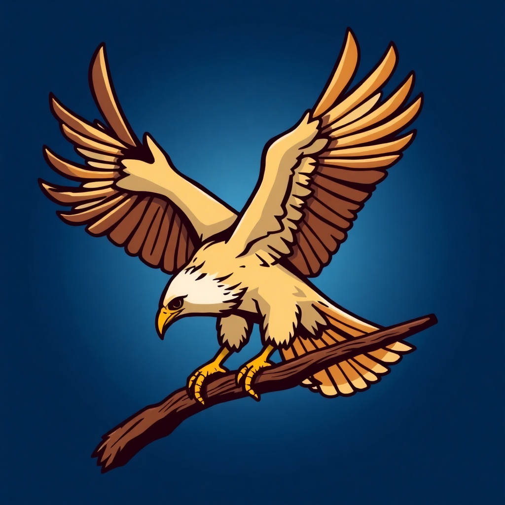 The image is a digital illustration of an eagle in flight. The eagle is perched on a thin branch with its wings spread wide and its talons extended. Its body is white with a yellow beak and feet. The background is a deep blue color. The bird appears to be in mid-flight, with its head turned towards the right side of the image. Its wings are spread wide, creating a sense of power and strength. The illustration is done in a cartoon-like style, with bold lines and bright colors.