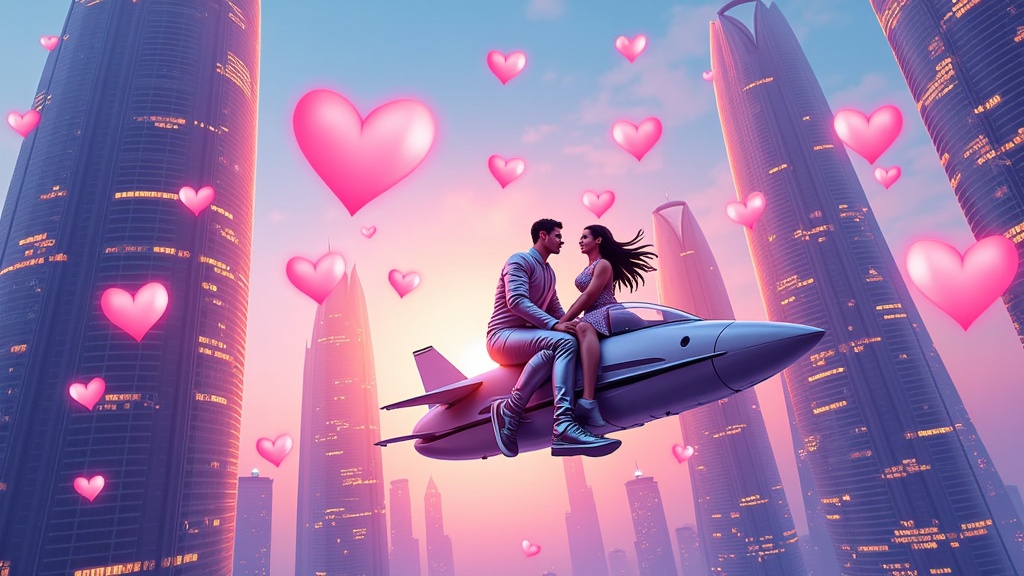 A futuristic cityscape with holographic hearts floating between skyscrapers, and a couple riding a flying vehicle, leaving a trail of sparkling hearts.