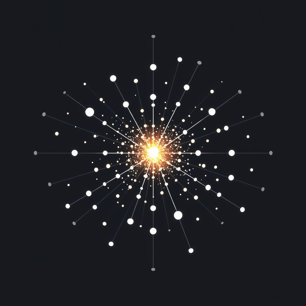 Converging Particles: A dynamic swarm of small, abstract particles (dots, triangles, or light motes) move from multiple directions, converging to form a larger, cohesive, and luminous abstract structure, symbolizing individual contributions building a collective technological force or innovation.